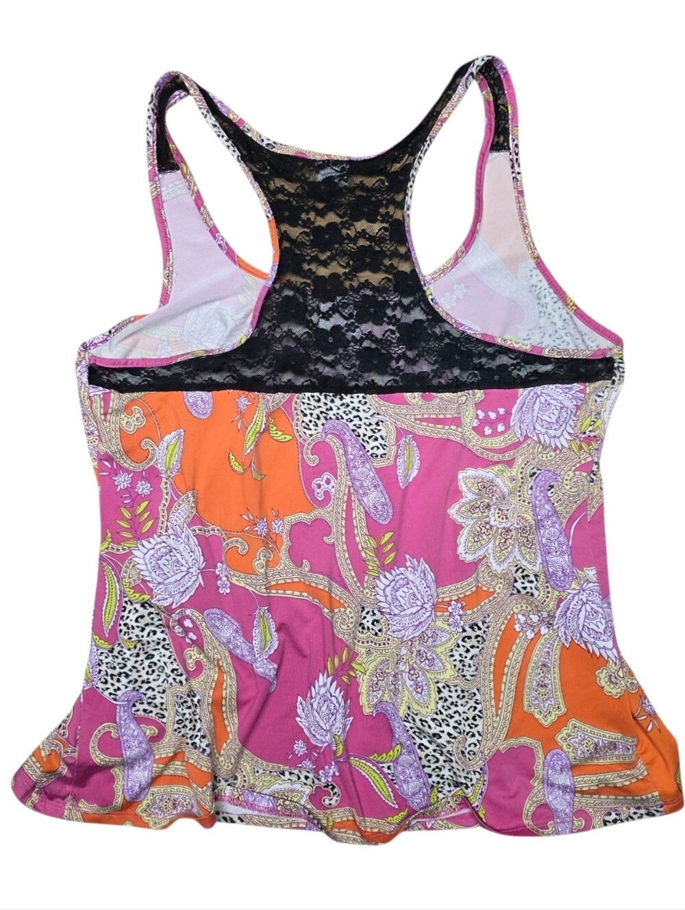Lounge Wear Pink & Orange Black Lace Racer Back Trim Top - Picture 2 of 4